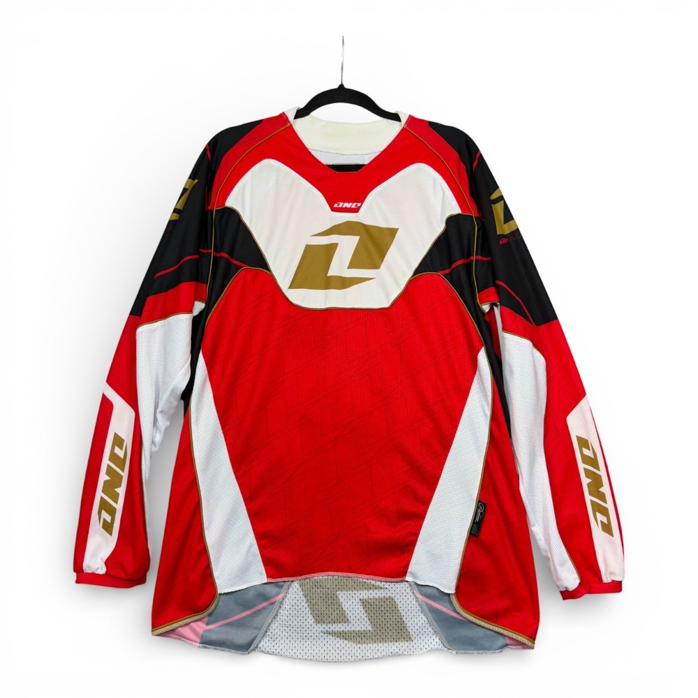 One Industries Defcon Motocross Jersey Mens L Red Black Gold Long Sleeve Mesh